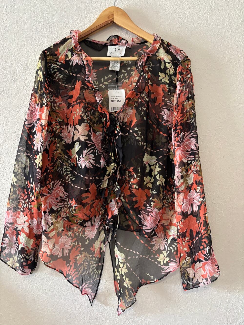 Vintage Y2K Silk Blouse Ruffles Floral Whimsical Fairy Plus Size 1X New
